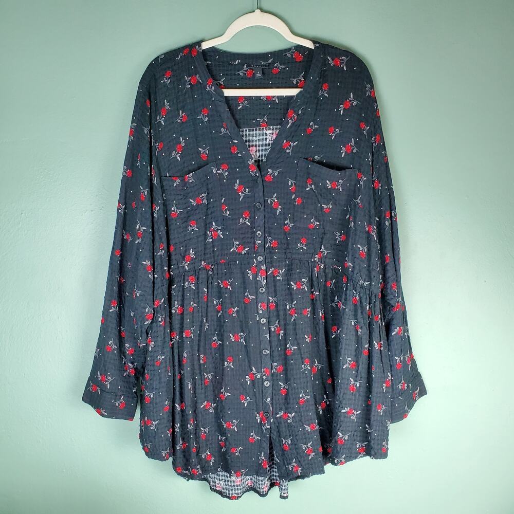 Torrid Black Emma Babydoll Crinkle Gauze Floral Long Sleeve Tunic Top Size 4